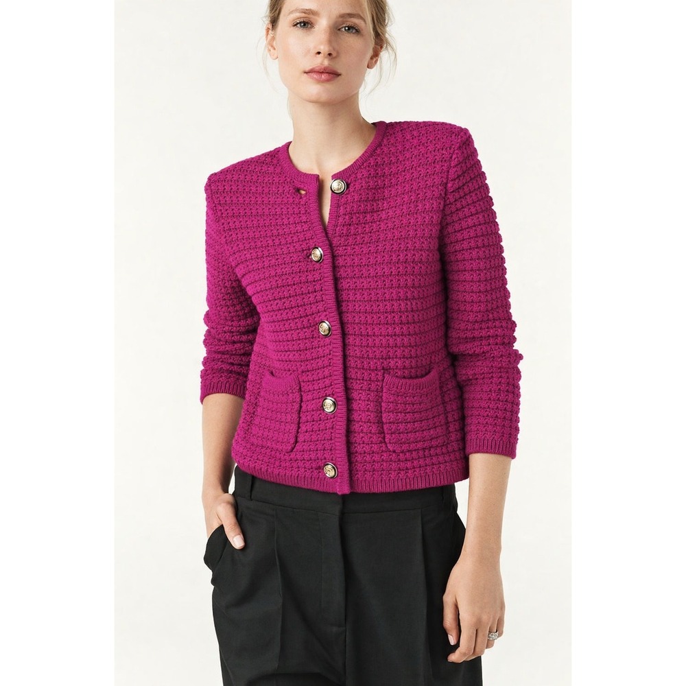 ba&sh‎ Gaspard Cardigan Fuchsia Pink Textured Gold Button Lady Jacket Sz XS